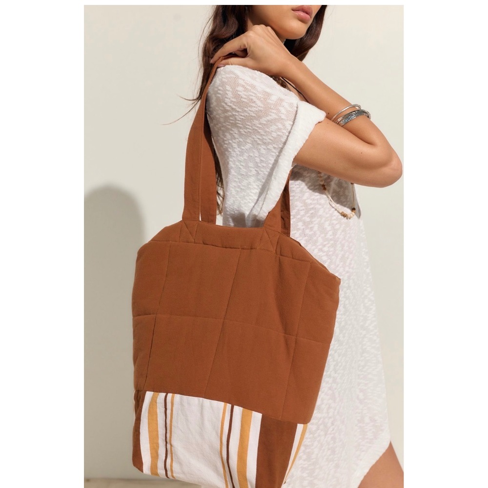 Free People Positano Pool Club Bag Brown Quilted Tote Striped Bottom Handbag